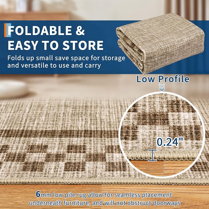 GarveeHome Washable Area Rugs 10x13 Non Slip Soft Large Living Room Rug | Modern Checkered Bedroom Rug Soft Geometric Bordered Throw Carpet for Dining Room Home Decor Office Nursery, Taupe