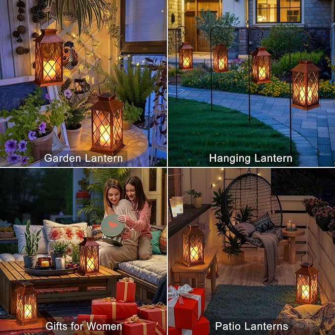 2Pack 10" Solar Outdoor Lanterns Waterproof Garden Gifts Women, Halloween Flickering Flameless Candle Mission Lights for Patio, Outdoor, Party, Yard, Lawn, Mothers' Day Gifts for Mom (Antique Copper)