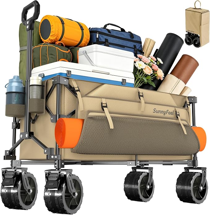SUNNYFEEL 300L Wagon Cart Foldable - 550LBS Heavy Duty Collapsible Wagon with Big All-Terrain Wheels & Brakes, Extra Large Folding Utility Wagon for Camping, Grocery, Shopping, Sports, Beach, Khaki