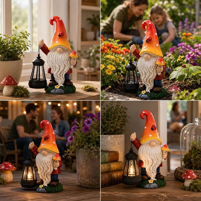Solar Garden Gnome Statue : Mushroom Outdoor Lantern Decor | Waterproof Resin,Figurine Lights,Yard Lawn Porch Balcony Patio Home Decorations,Gifts for Mom Women Grandma