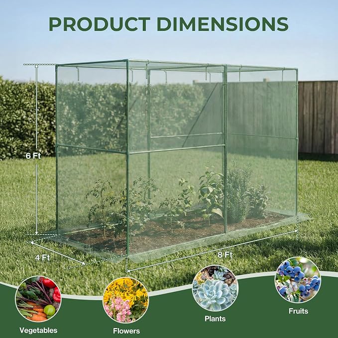 Aoodor 8x4x6 FT Crop Cage, Plant Protection Tent with Heavy Duty Steel Frame and Zippered Doors, Green Netting Cover for Garden, Lawn, Yard