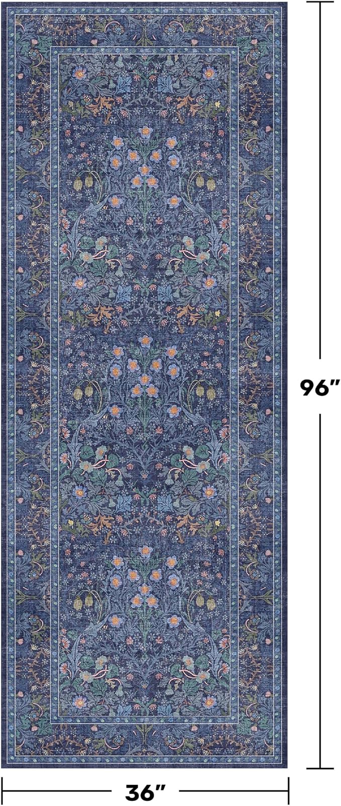 Dark Blue 3x8 Wide Hallway Runner Rugs Indoor Non Slip, 8ft Oriental Washable Rug for Kitchen, Entrance Indoor, Vintage Floral Design Low Pile & Soft Stain Resistant Carpet