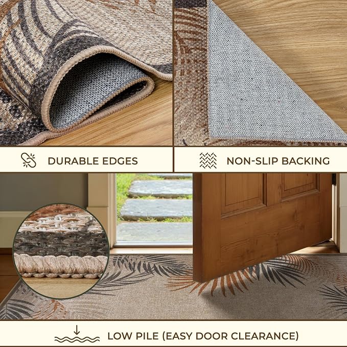 LIVEBOX Modern Easy Jute 5x7 Outdoor Rug, Washable Area Rugs for Living Room Patio Tropical Leaf Indoor Outdoor Rug, Boho Farmhouse Non Slip Carpet for Backyard Foyer Dining Room(Beige, 5'x7')