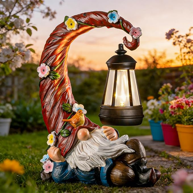 twinbling Garden Gnomes Outdoor Statue with Solar Light, Waterproof Resin Gnome Decor, Funny Garden Sculptures for Patio Lawn Yard, Mom Gifts for Mother’s Day Housewarming