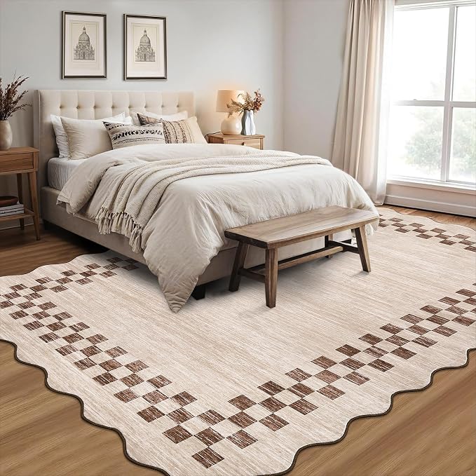 GarveeHome 4x6 Area Rug Small Washable Living Room Carpet Scalloped Rug | with Rubber Backing Stain Resistant Low Pile Dining Room Throw Carpet Modern Bordered Mat for Bedroom Kitchen, Beige