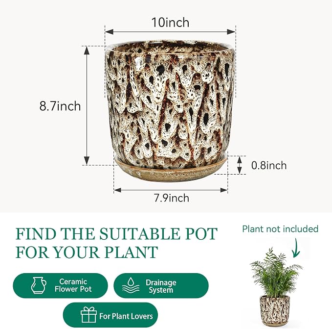 10 Inch Ceramic Plant Pot with Drainage Hole Mesh Net, Large Flower Pots for Indoor Plants with Saucer, Gardening Pots Outdoor