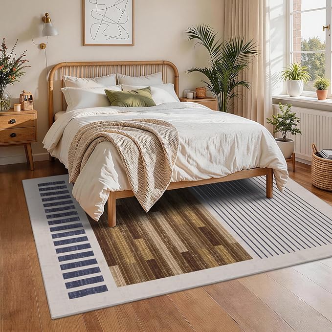 5x7 Washable Area Rug for Living Room, Modern Geometric, White Brown Black | Abstract Striped Color Block, Ivory Low Pile Non Slip Rug for Bedroom Dining Room Office, Soft Faux Wool