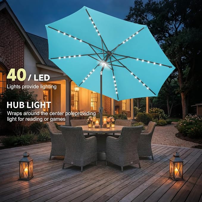 10ft Solar Umbrella Outdoor - Lighted Solar Patio Umbrella with 40 LED Lights Waterproof UV Protection, Table Umbrella with Tilt for Pool, Porch, Garden, Deck, Backyard (Aqua Blue)