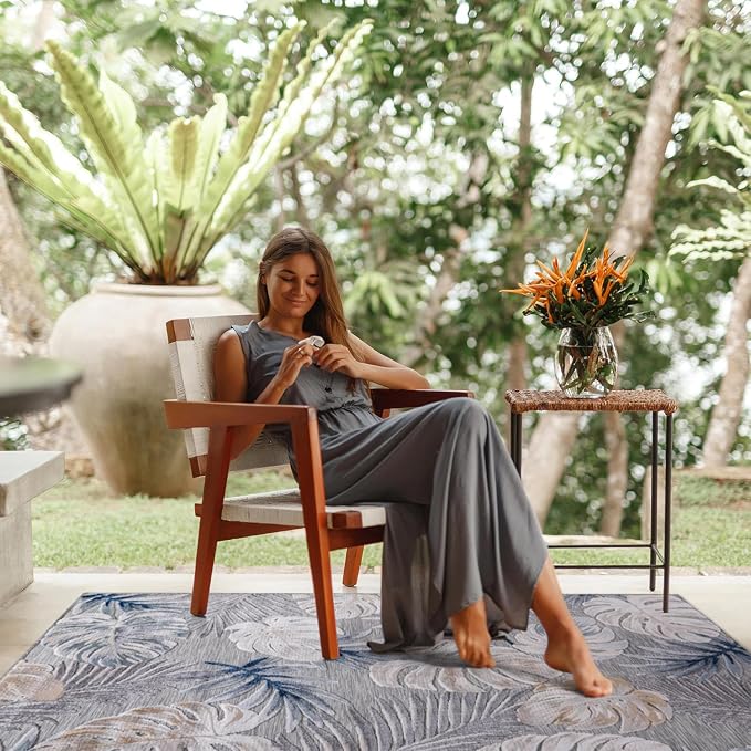CAMILSON Indoor Outdoor Rug, Blue 9’x12’ Leaf Tropical Botanical Area Rugs for Indoor and Outdoor patios, Easy-Cleaning Non-Shedding Living Room, Garden and Kitchen Washable Outside Carpet (9x12)