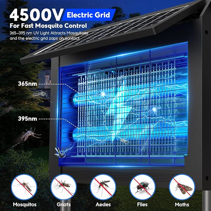 Solar Bug Zapper Outdoor, 4500V Electric Mosquito Zapper with Dual Solar Panels, Auto On/Off Mosquito Killer, IPX5 Waterproof Fly Trap for Backyard Patio Garden Camping, 1/2 Acre Coverage