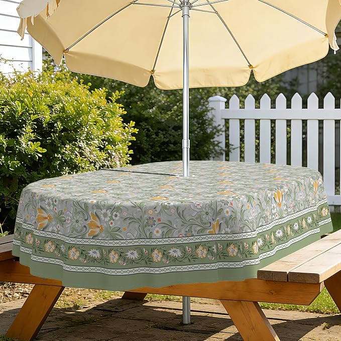 Green Print Outdoor Oval Tablecloth with Umbrella Hole 60" x 102" Waterproof Zipper Table Cloth for Patio Table - Ideal Tablecloths for Picnics, Camping, and Yard Use