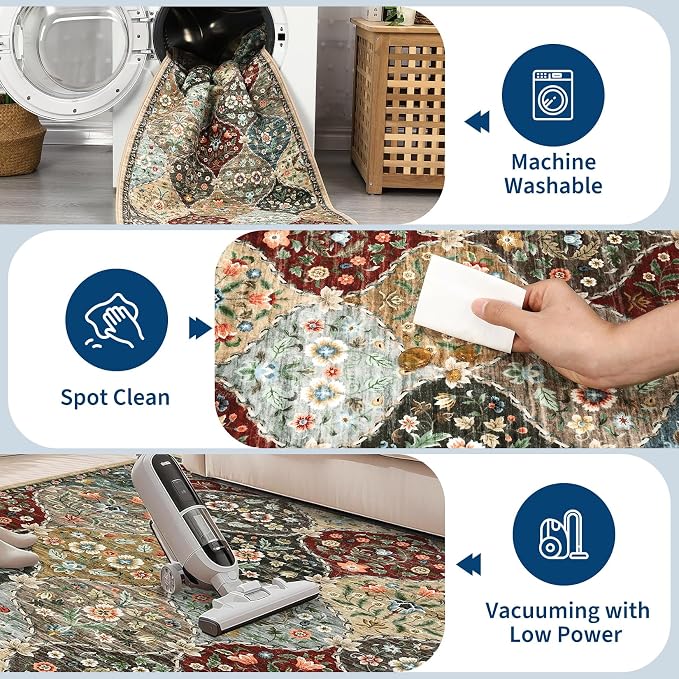 ROYHOME Small Rug Trellis Floral Washable Area Rug Doormat 2' x 3' | Stain Resistant Non-Slip Entryway Rug Distressed Floral Floor Carpet for Front Entrance Kitchen Bathroom, Red/Brown