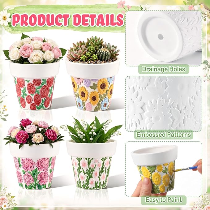 Zubebe 8 Pcs Paint Your Own Ceramic Pots Bulk Unfinished Succulent Pots Craft Kit with Drainage Hole Mini Paintable Plant Vase Ready to Paint Planter for Cactus DIY Craft (Elegant Flowers Tapered)