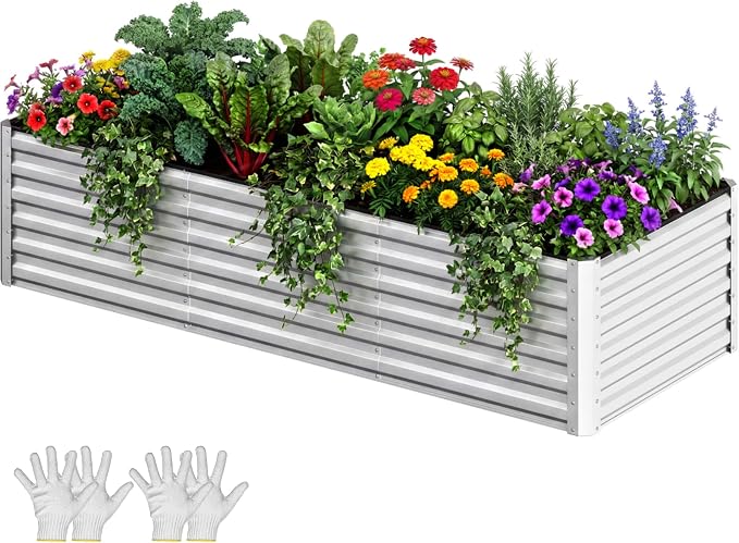 YITAHOME 8x4x2ft Galvanized Raised Garden Bed, Metal Planter Box with Safety Rubber, Gloves, Outdoor Flower Bed for Planting Plants Vegetables, Silver