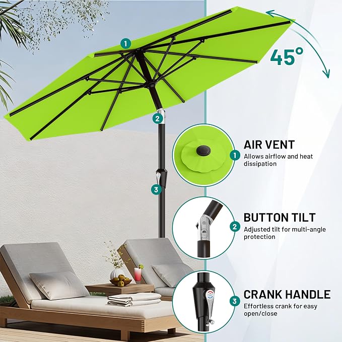 AreShark 9 FT Patio Umbrella for Outdoor, Outdoor Table Umbrella with Push Button Tilt and Crank, Outdoor Patio Umbrellas with 8 Sturdy Ribs for Market, Garden, Pool (Apple Green)