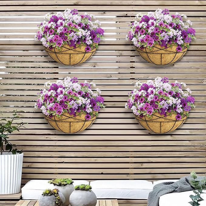 4 Pack 16 Inch Window Boxes Planters Railing Planter Box with Coco Liners Deck Railing Planter Boxes Balcony Hanging Flower Box Wall Mounted Half Round for Outdoor Plants Garden Decor