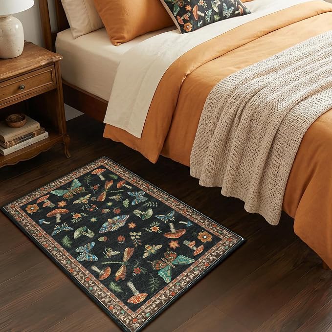 Mushroom Whimsical Cottage Core Small Rug 2x3 Washable Door Mat Indoor Rugs for Entryway Non-Slip Soft Insect Bug Butterfly Funky Decor for Bedroom Kitchen Black Brown