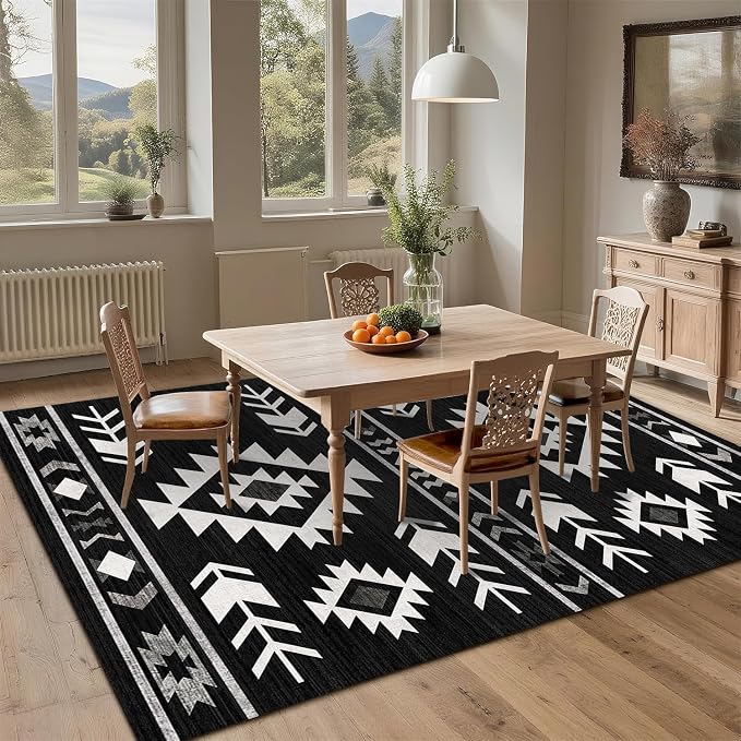 Area Rug 6x9 Western Rug Living Room Southwestern Aztec Tribal Rugs Southwest Navajo Machine Washable Non-Slip Printed Low-Pile Floor Carpet for Bedroom Dining Room Office, Black