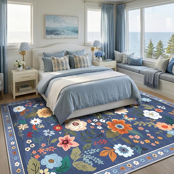 RELEANY Floral Washable 7x9 Area Rugs Blue/Grey | Flower Carpet, Print, Boho, Non-Slip, Easy to Clean, Soft, Low Pile for Living Room Bedroom Kitchen Office Entryway Hallway