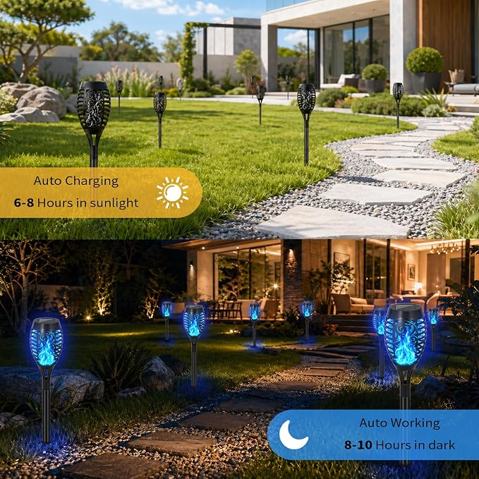 Solar Torch Flame Lights, Flickering Flame LED – Waterproof Solar Garden Lights for Patio, Yard, Pathway, Landscape & Backyard Décor (Blue-8 Pack)