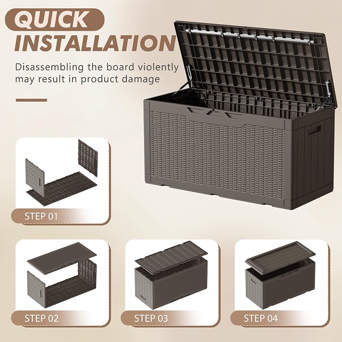 Devoko 100 Gallon Deck Box, Waterproof Resin Outdoor Storage Box with Cushion for Outside and Patio, Large Outdoor Storage Bench Cabinet Lockable for Patio Furniture and Garden Tools (Deep Brown)