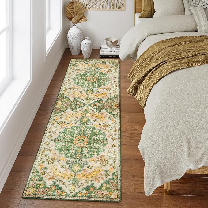 Lahome Reine Bohemian 2x6 Washable Hallway Runner Rug, Kitchen Runner Rugs Non Skid Washable, Floral Medallion Soft Bathroom Carpet Runners for Laundry Room Bedroom Foyer Entryway, Yellow/Green/Multi