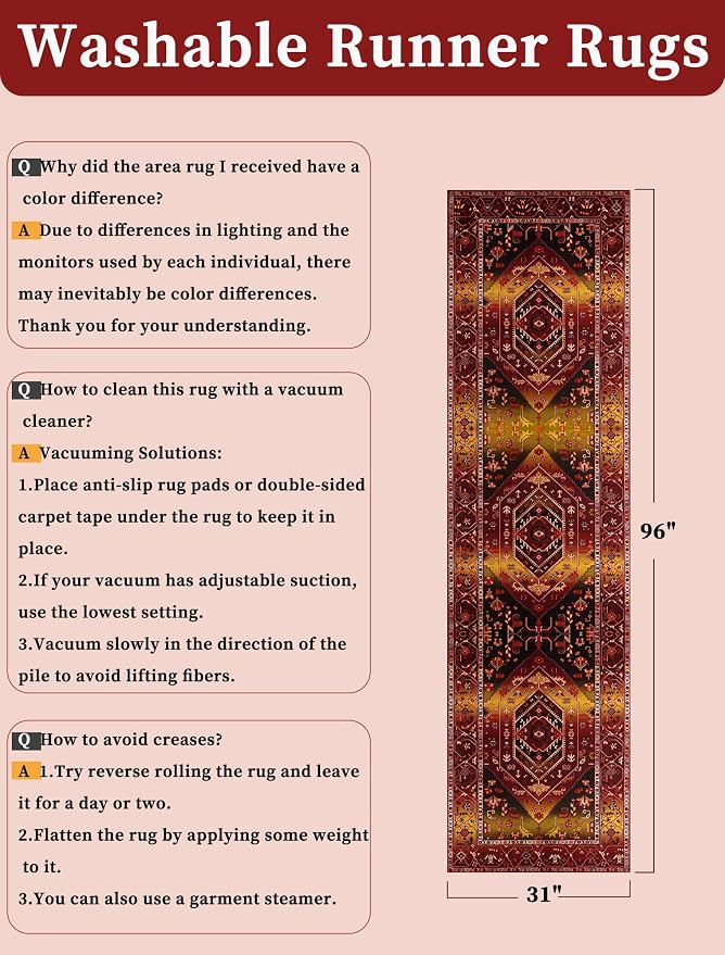 SERISSA 2'6"x8' Washable Non Slip Boho Runner Rug for Hallway | Ultra Soft Vintage Oriental Carpet Low-Pile Rustic Red Gold Floor Carpet for Kitchen Bedroom Bathroom Laundry Room