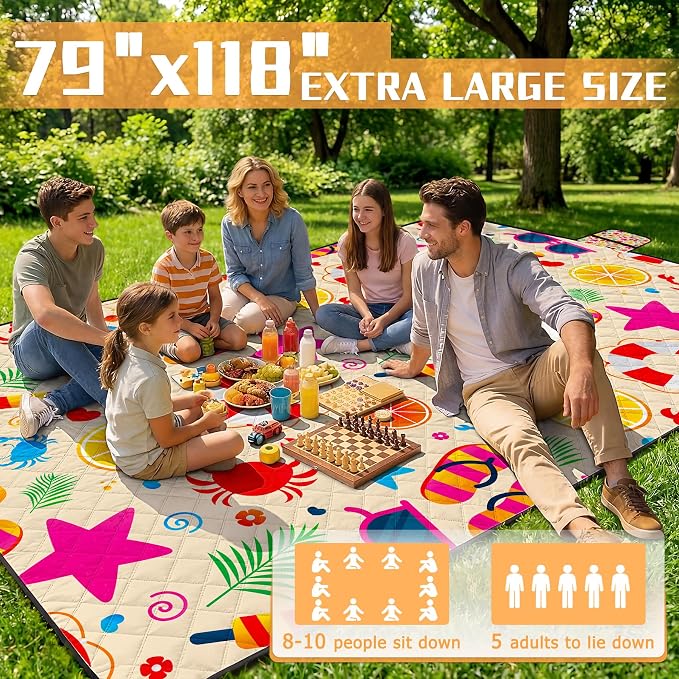 79" x 118" Picnic Blanket Extra Large,Waterproof Sandproof Foldable Outdoor Blanket Beach Blanket Ocean Picnic Mat for Camping,Lawn,Park(Beach)