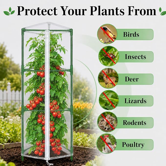 Halatool Garden Tomato Plant Cover Netting, Fits 40–55" Tall Square Tomato Cages, Garden Bird Netting with Zipper & Drawstring, Insect Barrier, Plant Covers from Insects Animals, 4 Pack, 45"×15.7"