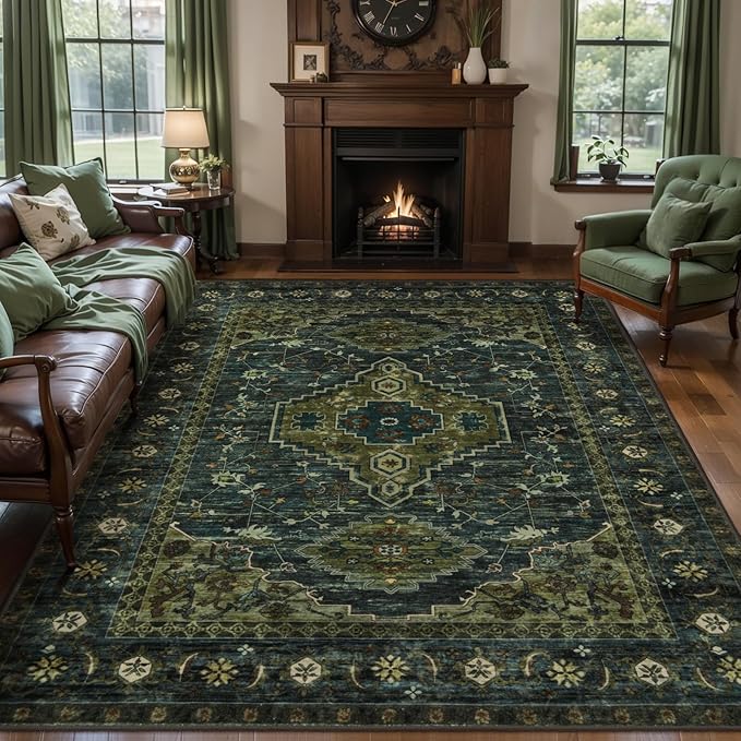 Tangsoo Green 6x9 Washable Area Rugs for Living Room, Non Slip Large Rug | Oriental Indoor Print Carpet, Vintage Boho Soft Low Pile Foldable Floor Rug for Bedroom Dining Room Olive Green Home Decor