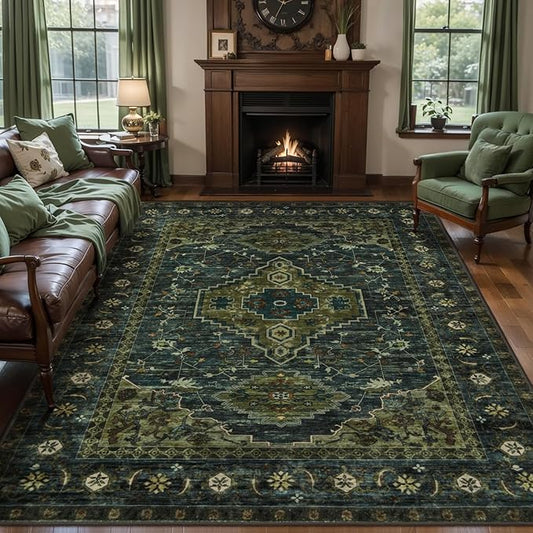 Tangsoo Green 5x7 Washable Area Rugs for Living Room, Oriental Non Slip Rug | Vintage Indoor Large Rug, Boho Print Carpet, Soft Low Pile Foldable Floor Rugs for Bedroom Dining Room Olive Green Home Decor
