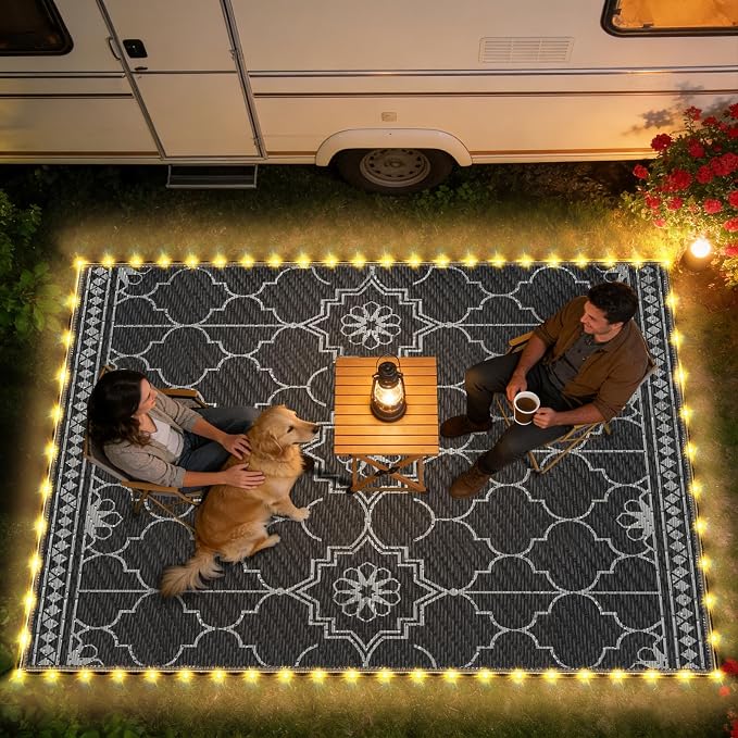 9x12Ft Outdoor Rug, Solar Powered Outdoor Rug with 131LEDs Strip Lights for House Deck, Waterproof Plastic Reversible Outdoor Straw Rugs, Rugs Mat RV Camping Patio Beach Balcony Picnic (Black Gray)