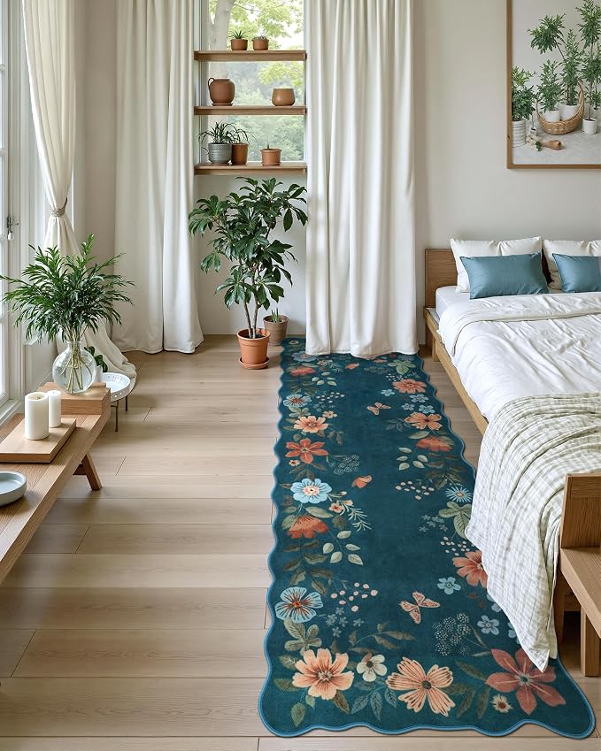 Lahome Floral Washable Runner Rug, 2'6''x8' Soft Hallway Runner Non Slip | Boho Ultra-Thin Kitchen Runners for Hallways with Rubber Backing Carpet for Laundry Bathroom Flore (Navy Blue)