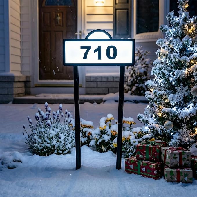 Solar Address Signs for Yard, Solar Powered Address Sign with Warm White & Cold White, IP65 Waterproof Solar House Numbers for Outside, LED Illuminated Plaques Wall Mounted & In Ground