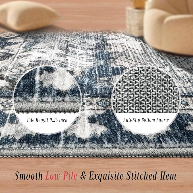 Washable Area Rugs - Perfect for Living Room, Bedroom, Kids Room, Nursery - Stain & Water Resistant Non-Slip, Pet & Child Friendly, Vintage Tribal Area Rugs (Grey and Blue, 4' x 6')