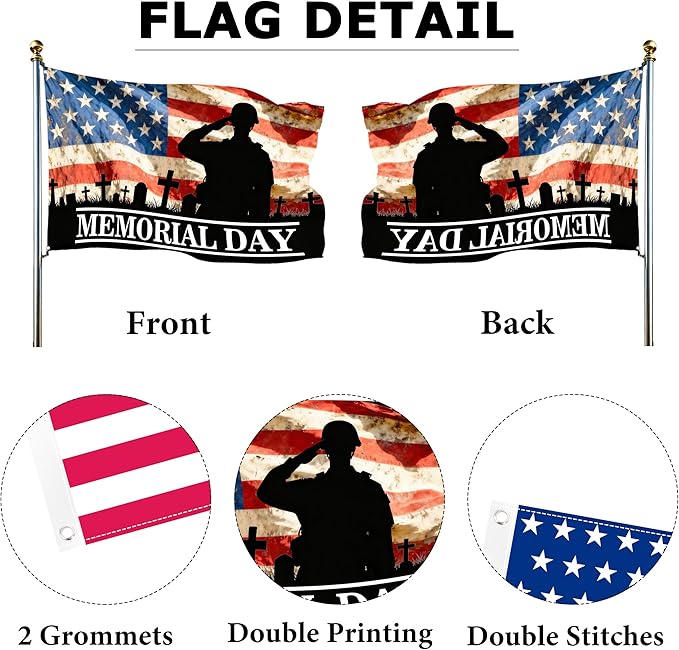 Memorial Day Flag 3x5 Ft Outdoor Double Sided Mirror Printed 4th of July Patriotic Flag Veterans Day Banner for Indoor Outdoor House Yard with 2 Grommets