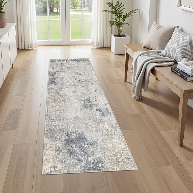UERMEI 2x6 Washable Runner Rug for Hallway, Non Slip Low Pile Kitchen Carpet, Neutral Modern Abstract Indoor Floor Mat for Entryway Laundry, Kid & Pet Safe High Traffic Area, Blue Grey