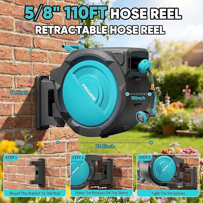 5/8" 110FT Retractable Garden Hose Reel-Heavy Duty Automatic Wall Mounted Hose Reel with 2026 Upgraded UV Resistant, 3/4" Brass Fitting, 10 Pattern Nozzle, 180° Swivel&Any Length Lock Slow Retraction