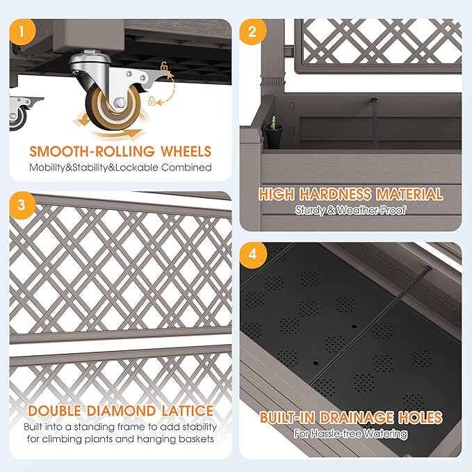 Elevated Raised Garden Bed with Wheels,Planter Box,Gray-61.2" h | Resin Planter Box with Drainage Holes, Water Monitor, Wheels for Garden Patio Backyard