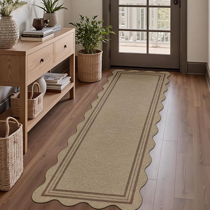 Scalloped Easy Jute 2x6 Kitchen Runner Rug, Washable Rugs for Entryway Non Slip Outdoor Indoor Long Rug, Farmhouse Morden Carpet for Hallway Bedroom