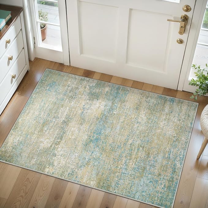Tangsoo Abstract 2x3 Washable Rugs for Entryway, Small Area Rug Non Slip | Modern Low Pile Soft Throw Rugs, Indoor Front Door Mat Rug for Entrance Entry Foyer Kitchen Bathroom Blue Grey Home Decor