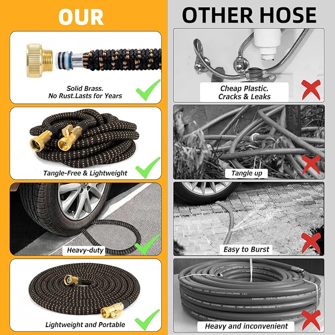 50 ft Expandable Garden Hose, Lightweight Expanding Water Hose with 10 Function Nozzle, 3/4" Solid Brass Fittings, 5-Layer Latex Core, No-Kink Flexible Retractable Hose for Patio, RV, Car Washing