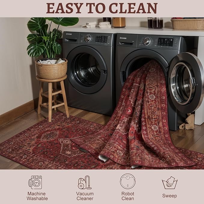 Tangsoo Red 2x3 Washable Entryway Rugs, Oriental Non Slip Small Area Rug | Boho Indoor Front Door Rug, Vintage Door Mat Indoor Entrance Soft Low Pile Throw Rugs for Entry Kitchen Living Room Dark Red