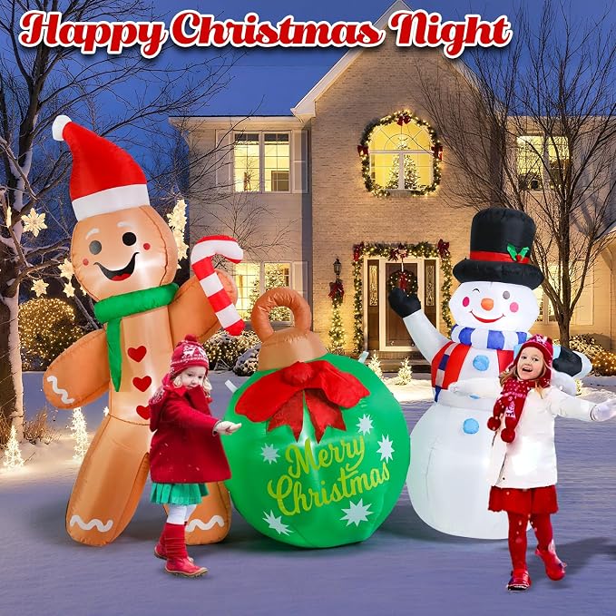 MUMTOP Inflatable Gingerbread Man-Christmas Inflatable Outdoor Decoration - 6.3 FT Gingerbread and Snowman Inflatables with Ball Blow Up Lighted Holiday Displays for Garden Yard Outside Decor