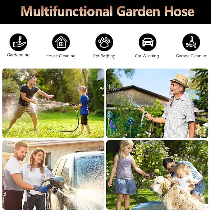 Garden Hose 50FT, Lightweight Flexible Water Hose, 5/8" Kink Free Leak Proof Hose, Heavy Duty 96-Layer Woven with 3/4" Brass Fittings, 10 Function Nozzle for Yard Lawn Outdoor Car Wash(BlackRosegold)
