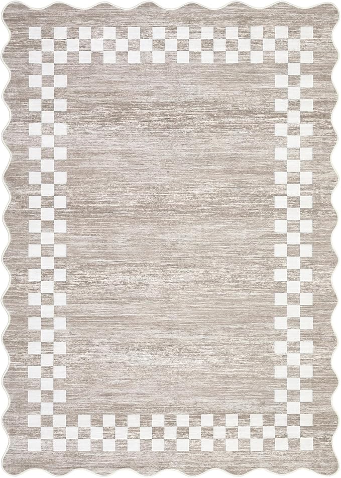 Small Area Rug 2x3 Modern Checkered Entry Rug Solid Color Scalloped Kitchen Rugs Washable Bedroom Doormat Non Slip Stain Resistant Bordered Throw Carpet for Living Room Nursery Laundry, Fog