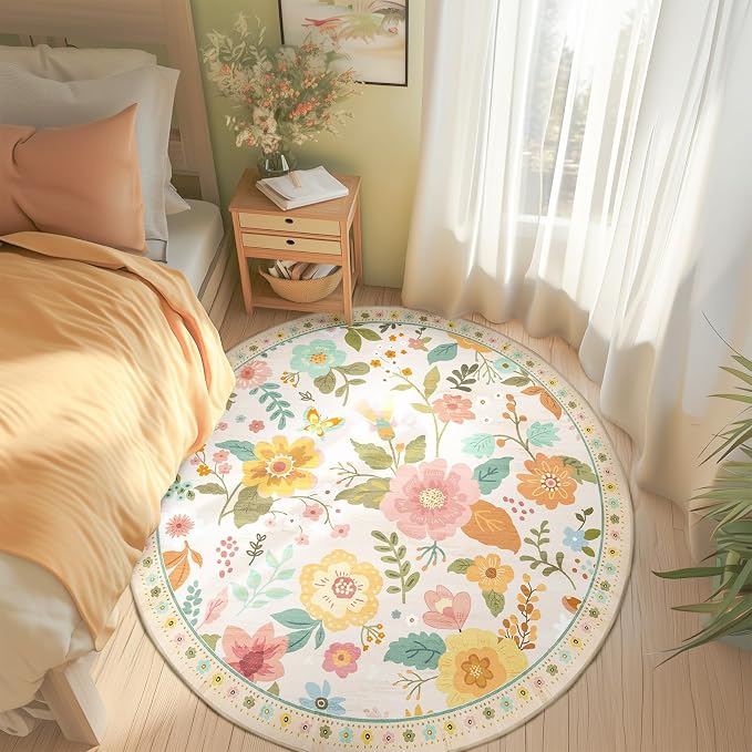RELEANY Floral Washable Round 8ft Area Rug Beige/White/Orange | Flower Carpet, Print, Boho, Non-Slip, Easy to Clean, Soft, Low Pile for Living Room Bedroom Kitchen Office Entryway Hallway