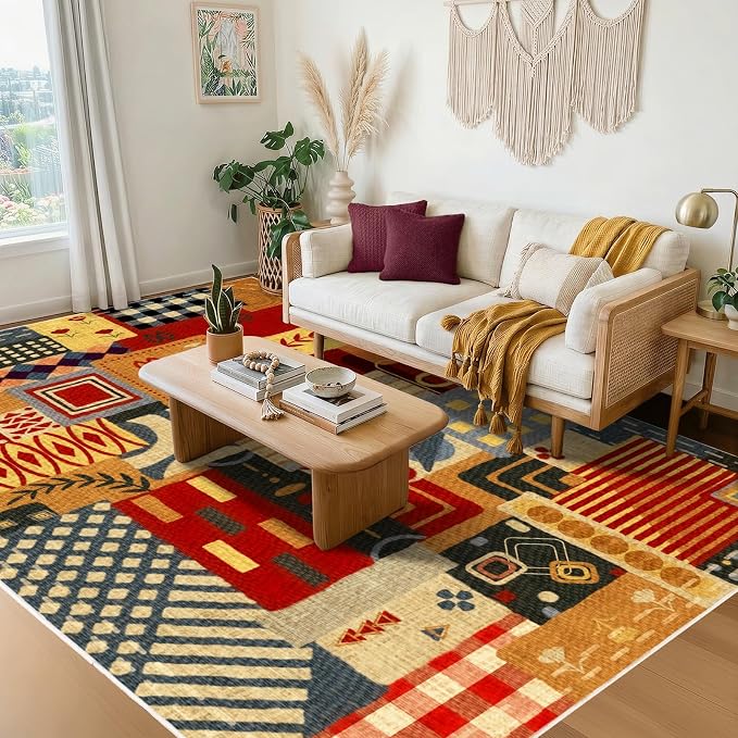 Washable 5x7 Colorful Abstract Rug, Boho Patchwork Rugs for Living Room | Multi Color Non Slip Indoor Carpet| Vintage Rustic Rug for Dining Room Bedroom Office Entryway Decor| Southwestern Rustic Rug