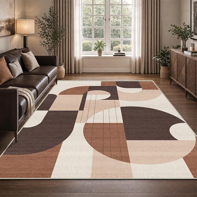 5x7 Brown Geometric Area Rug for Living Room Bedroom Modern Abstract Large Rug Machine Washable Non-Slip Carpet for Dining Room Office