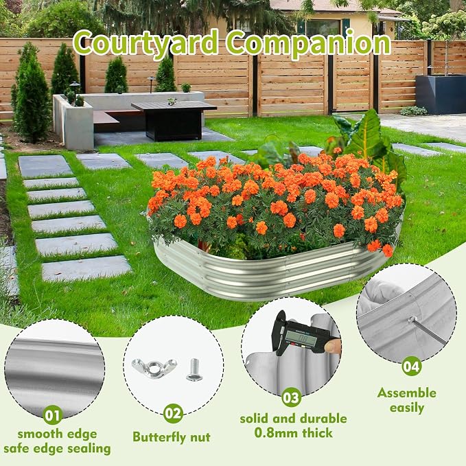 TBMLC Oval Galvanized Planter Box, Metal Raised Garden Bed - 0.8MM Thick- Ideal for Outdoor Gardening and Planting of Vegetables Flowers Fruits Succulent Plants and Others (Silver, 6X3X1 FT)
